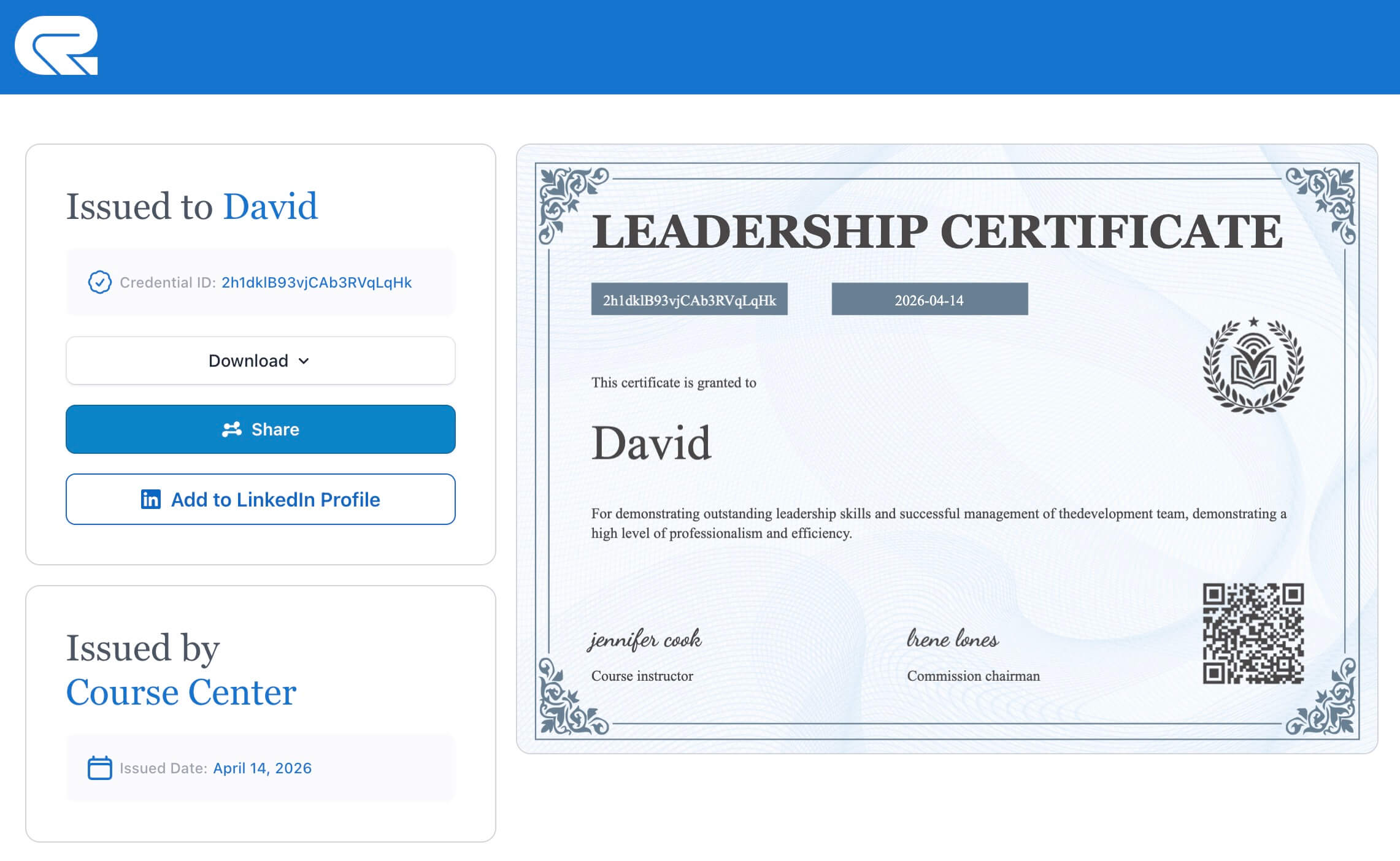 CertFusion CPD verification page — shows recipient, course, credit hours, issue date, and certificate ID