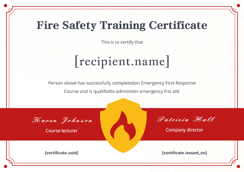 Fire safety training certificate with red banner and flame shield icon