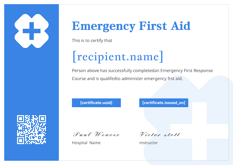 Classic first aid certificate with blue design and medical cross icon