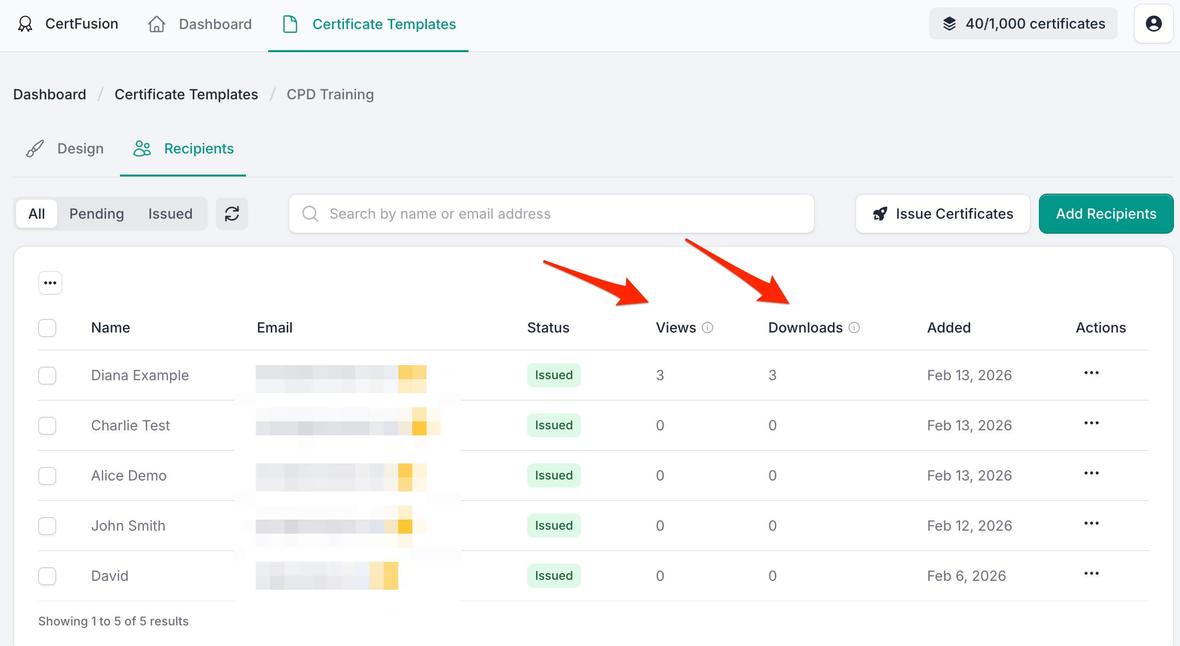 Screenshot of the Recipients table showing the new Views and Downloads columns