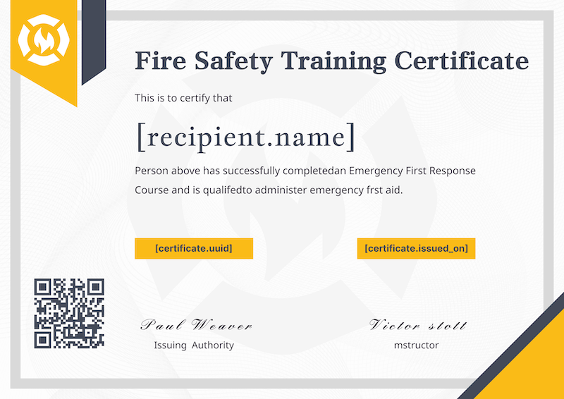 Fire safety training certificate with yellow accent and navy blue corners